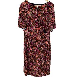 Anne Klein Faux‎ Wrap Dress Black Pink Floral Flutter Sleeve Womens Large Classy